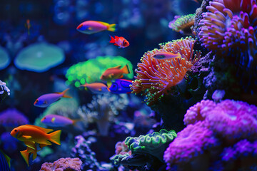 A colorful aquarium with a variety of sea creatures, including a few orange, generative ai image.