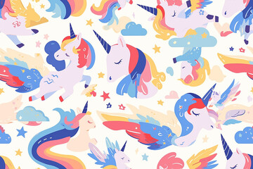 A seamless pattern featuring whimsical unicorns and stars in pastel colors on a light background, ideal for children&rsquo;s designs.