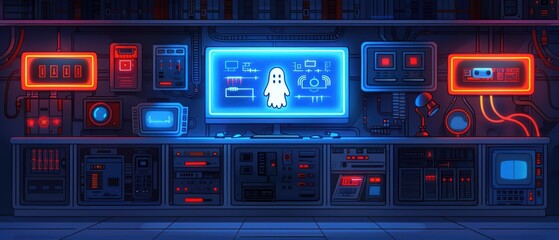 A conceptual gadget repair shop features ghostly engineers who use ethereal circuits and enchanted components to fix any electronic device