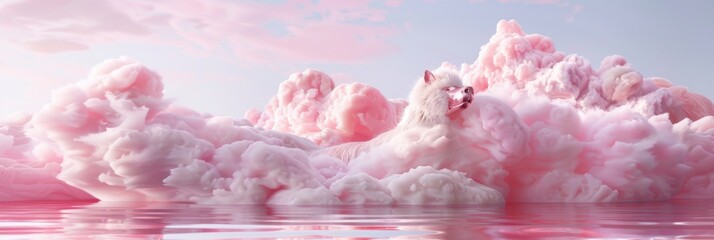 Abstract depiction of a metallic animal figure resting atop tranquil waters, with a backdrop of wispy, cotton candy-colored clouds, invoking a serene and fantastical ambiance
