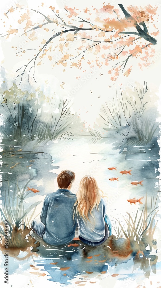 Wall mural serene watercolor illustration of a couple sitting by a pond