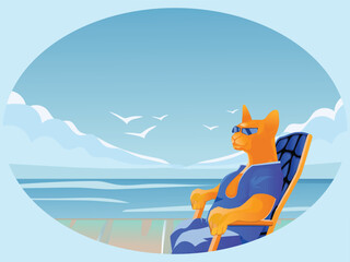 International Cat Day, a red cat sits in a chair on the seashore and looks into the distance, a request for Cat Day