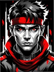 A young man in a strict black and red style, vampirism