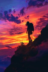 Obraz premium Silhouette of a girl hiking up a mountain trail against a vibrant sunrise.
