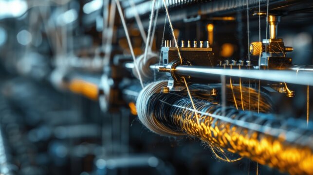 In the closeup shot the yarn feeder on the knitting machine can be seen gently pulling and releasing the yarn adding to the machines graceful dance.