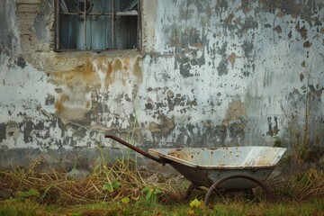 Wheelbarrow casually propped against weathered wall in countryside, evoking rustic charm pastoral