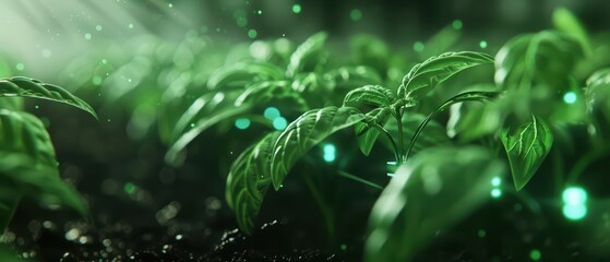 A hightech agriculture system employs robotic tendrils with mystical leaves that enhance crop growth and repel pests