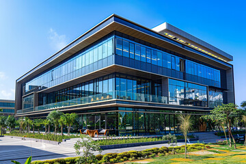 Obraz premium A large building with a lot of windows and a metal roof, generative ai image.