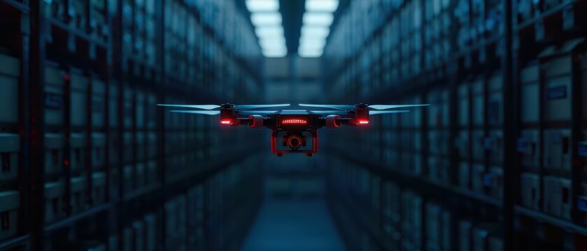 A hightech distribution center employs enchanted drones to deliver mystery boxes that glow with an ethereal light