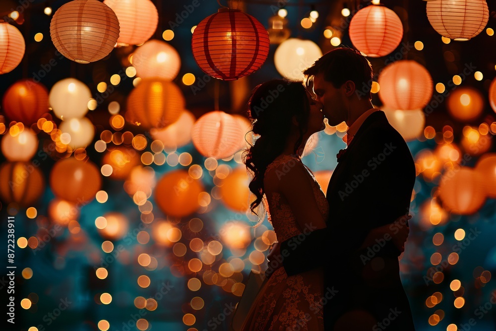 Wall mural couple sharing a kiss under a canopy of fairy lights and paper lanterns