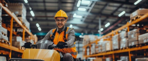 A smiling warehouse worker in a hard hat and safety vest drives an electric pallet jack down an aisle of stocked shelves.