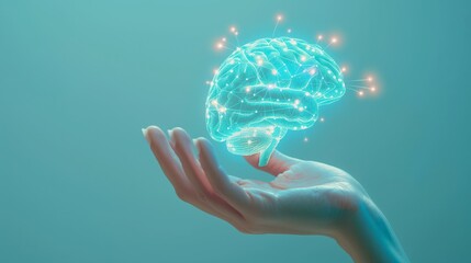 Hand holding digital hologram brain on blue background, autism, Stroke, Epilepsy and Alzheimer, health day concept.