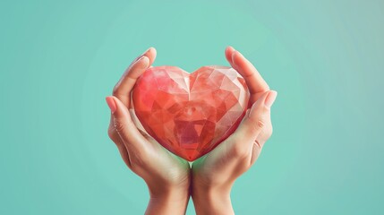 Hands holding red heart on green background, health care, love concept, health day concept, organ donation.