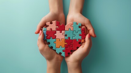 Hands presenting a heart shape puzzle against a flat color background
