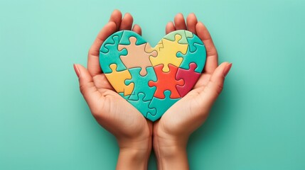 Hands holding colorful heart shape puzzle on green background, Concept of autistic disorder.