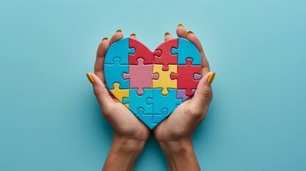 Hands holding colorful heart shape puzzle on blue background, Concept of autistic disorder.