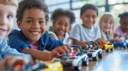 Diverse_school_children_students_build_robotic_cars