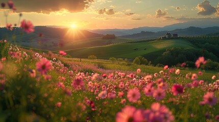 Obraz premium Sunset Over Blooming Flower Field - Generative AI