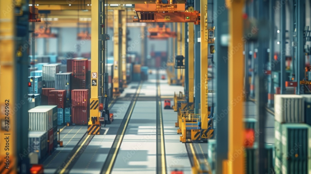 Poster A wide view of a busy container port, showcasing the rows of cranes and cargo containers. The yellow cranes are in motion, moving containers to and from ships.