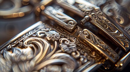 A detailed shot of a watch clasp adorned with delicate engravings and a shimmering finish adding a touch of opulence to the overall design.