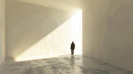 Solitary Figure in Minimalist Room with Dramatic Light Beam