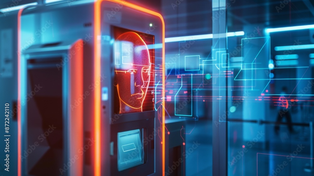 Poster A futuristic facial recognition kiosk with a glowing red outline stands in a modern building. A digital image of a persons face is displayed on the screen.