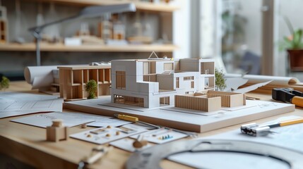 Architect designing various building models, detailed blueprints and tools on the desk