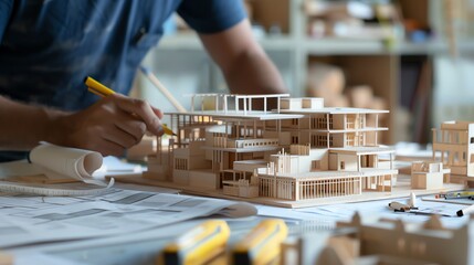 Architect designing various building models, detailed blueprints and tools on the desk