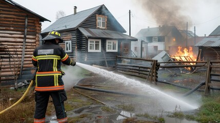 Fototapeta premium A firefighter in full gear uses a hose to spray water onto a burning wooden building amidst a forest fire