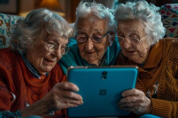 A group of elderly friends struggling to master a new fitness app on a blue tablet