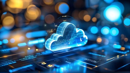 Futuristic blue cloud computing concept, glowing holographic data background. Generative AI