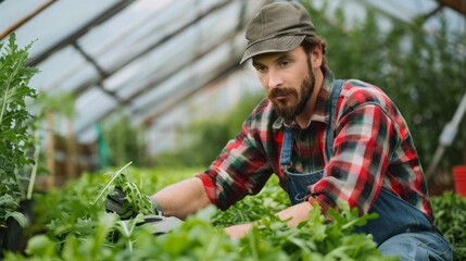Obraz premium A farmer wearing a plaid shirt and overalls works amongst rows of green plants inside a greenhouse. The man has a beard and is wearing a hat. He appears to be working with the plants