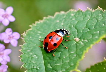 Ladybird on green leaf
