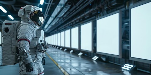 A row of white blank billboards lining a spacious hallway within a futuristic space station, captivating astronauts and space travelers