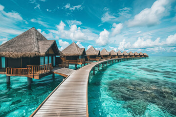Obraz premium Beautiful tropical landscape with wooden overwater villas