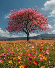 One pink ipê tree in a field full of flowers