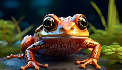Alert orange frog with big eyes in vibrant jungle setting against dark background. Generative AI