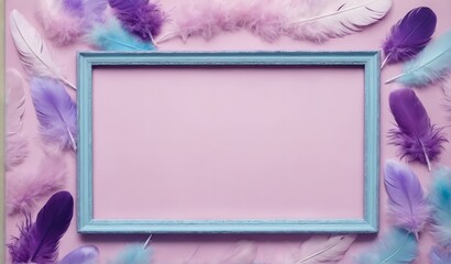 Soft feathers around empty foto frame. Copy space