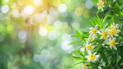 Fototapeta premium A beautifully blurred bokeh summer background featuring yellow and white flowers with vibrant green leaves Perfect. Generative AI