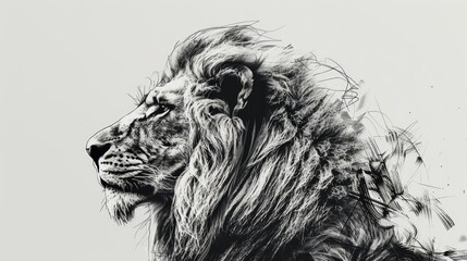 Obraz premium A regal lion, its mane flowing, is drawn with bold black ink on a stark white background