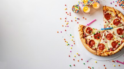 A birthday celebration for children with a white background featuring pizza slices and colorful candles on a cake. The top view image. Generative AI