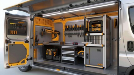 The vans interior is equipped with tools and storage systems for a clean, efficient workspace. Its perfect for mobile professionals needing to transport and store equipment.