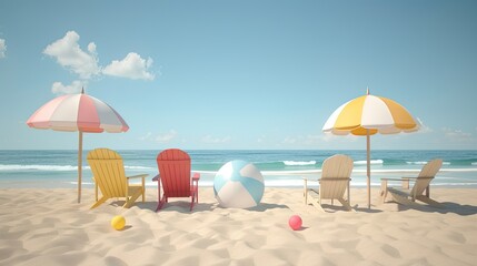Four beach chairs and two umbrellas sit on a sandy beach with the ocean in the background.