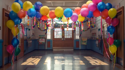 A school entrance decorated with balloons and streamers