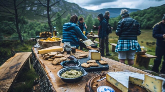 Surrounded by towering mountains and vast forests a group of adventurers indulge in a traditional Scottish cheese board complete with homemade oatcakes and tangy chutneys.