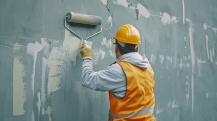 A construction worker wearing a yellow safety vest and hard hat is seen applying primer to a concrete wall with a paint roller. 