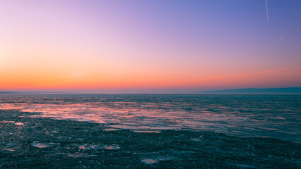 Beautiful winter sunset on Lake Balaton.