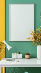 Modern workspace with a white desk, vibrant yellow decor, and a blank white frame on a green wall in a tall layout.