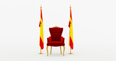 Red royal chair on a white background betwin two flags, kingdom of spain flag state symbol,