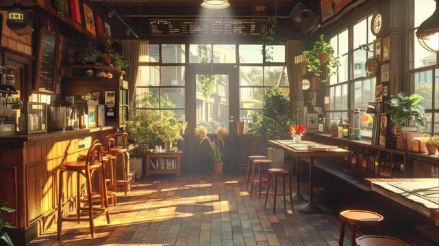 Sunlit caf&eacute; interior with rustic charm and natural light, creating a cozy and inviting atmosphere for patrons, featuring wooden furniture